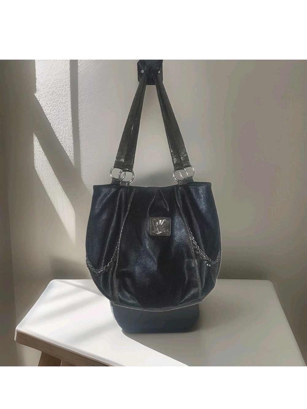 Kathy Van Zeeland Black Shiny Shoulder Tote with Chain Detail